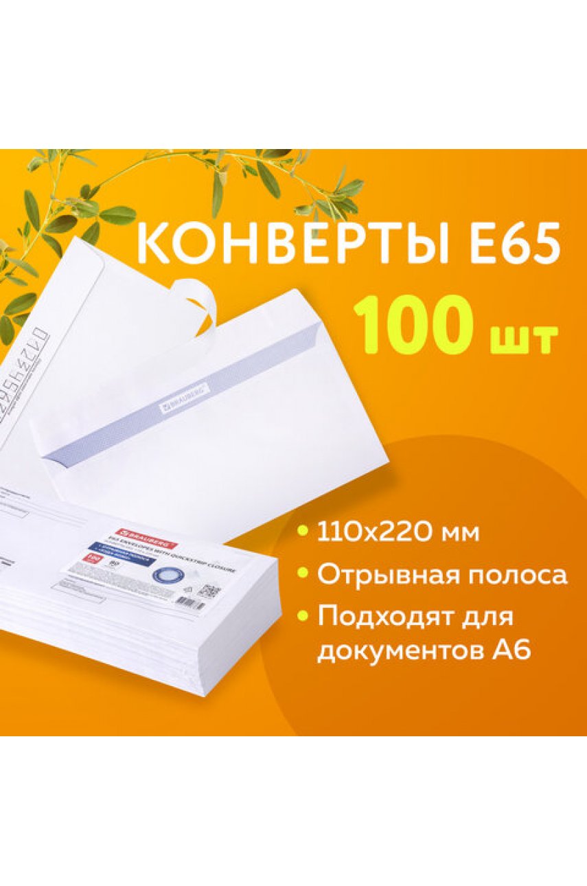 Конверты Е65 (110х220 мм), отрывная лента, Куда-Кому, внутренняя запечатка, КОМПЛЕКТ 100 шт., BRAUBERG, 112195 Конверты Е65 (110х220 мм), отрывная лента, Куда-Кому, внутренняя запечатка, КОМПЛЕКТ 100 шт., BRAUBERG, 112195
