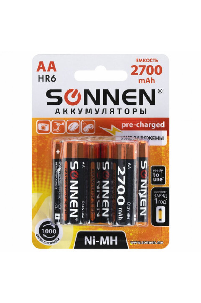 Батарейки аккумуляторные Ni-Mh пальчиковые КОМПЛЕКТ 6 шт., АА (HR6) 2700 mAh, SONNEN Батарейки аккумуляторные Ni-Mh пальчиковые КОМПЛЕКТ 6 шт., АА (HR6) 2700 mAh, SONNEN