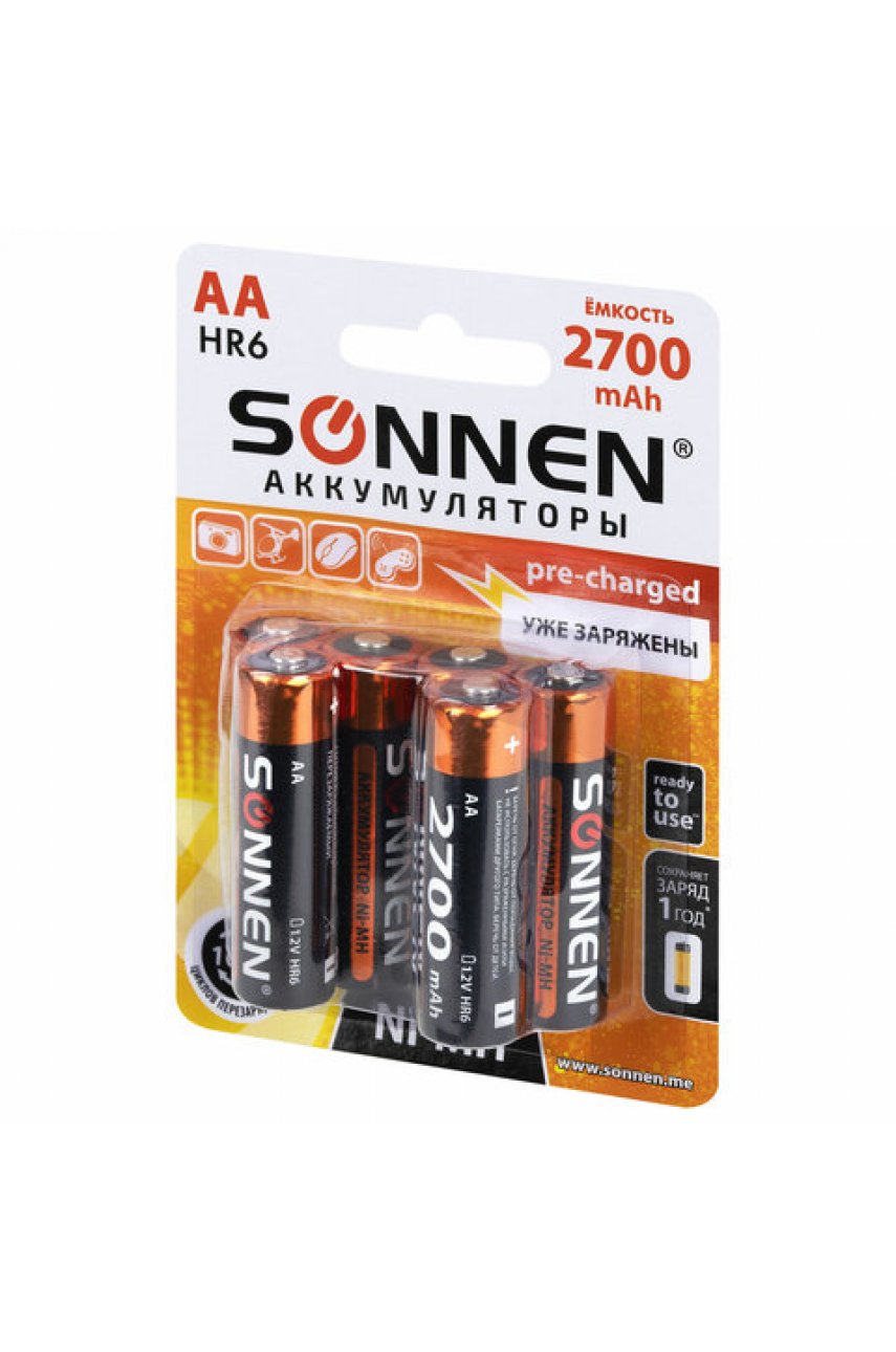 Батарейки аккумуляторные Ni-Mh пальчиковые КОМПЛЕКТ 6 шт., АА (HR6) 2700 mAh, SONNEN Батарейки аккумуляторные Ni-Mh пальчиковые КОМПЛЕКТ 6 шт., АА (HR6) 2700 mAh, SONNEN
