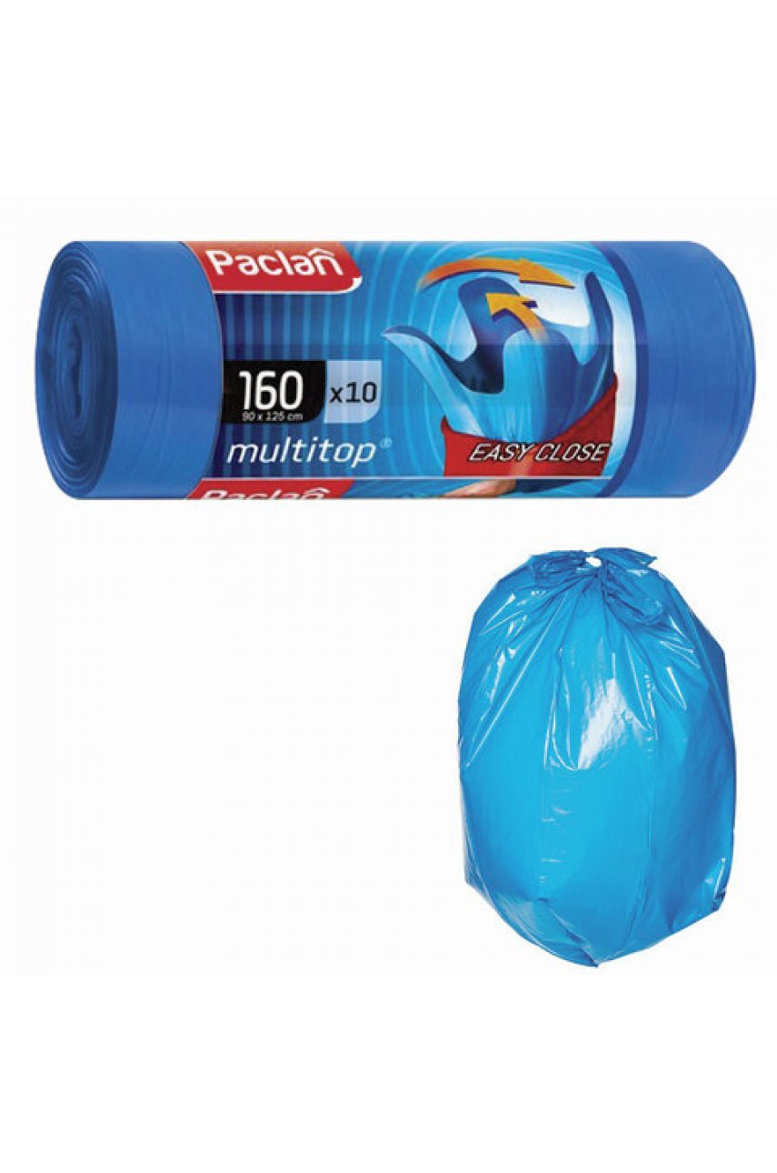 Мешки для мусора 160 л, с ушками, синие, рулон 10 шт., ПВД, 30 мкм, 90х125 см, PACLAN "Multitop"