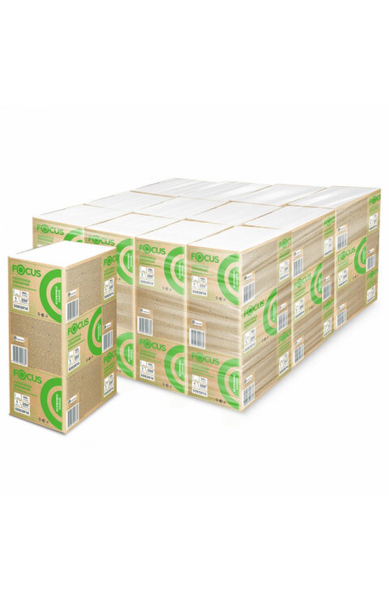 Полотенца бумажные 250 шт. FOCUS (Система H2) Eco, 1-слойные, белые, КОМПЛЕКТ 12 пачек, 24х21,5, Z-сложение