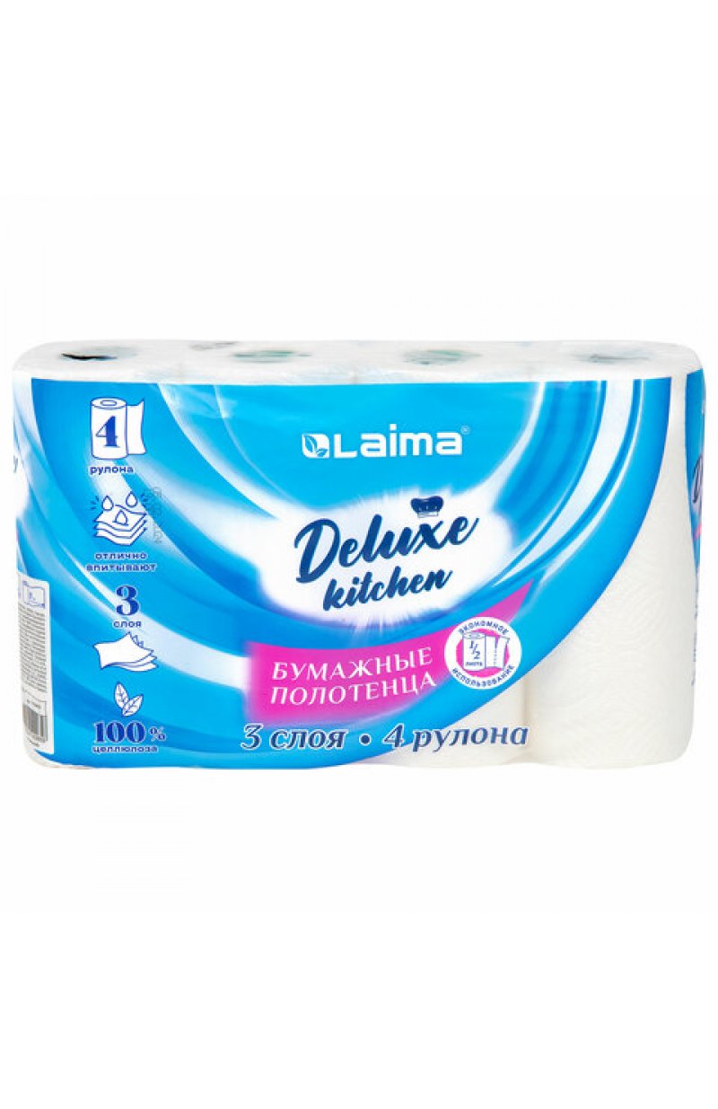 Полотенца бумажные 3-х слойные, 4 рулона по 11 м (отрыв 1/2 листа) Deluxe, 100% целлюлоза