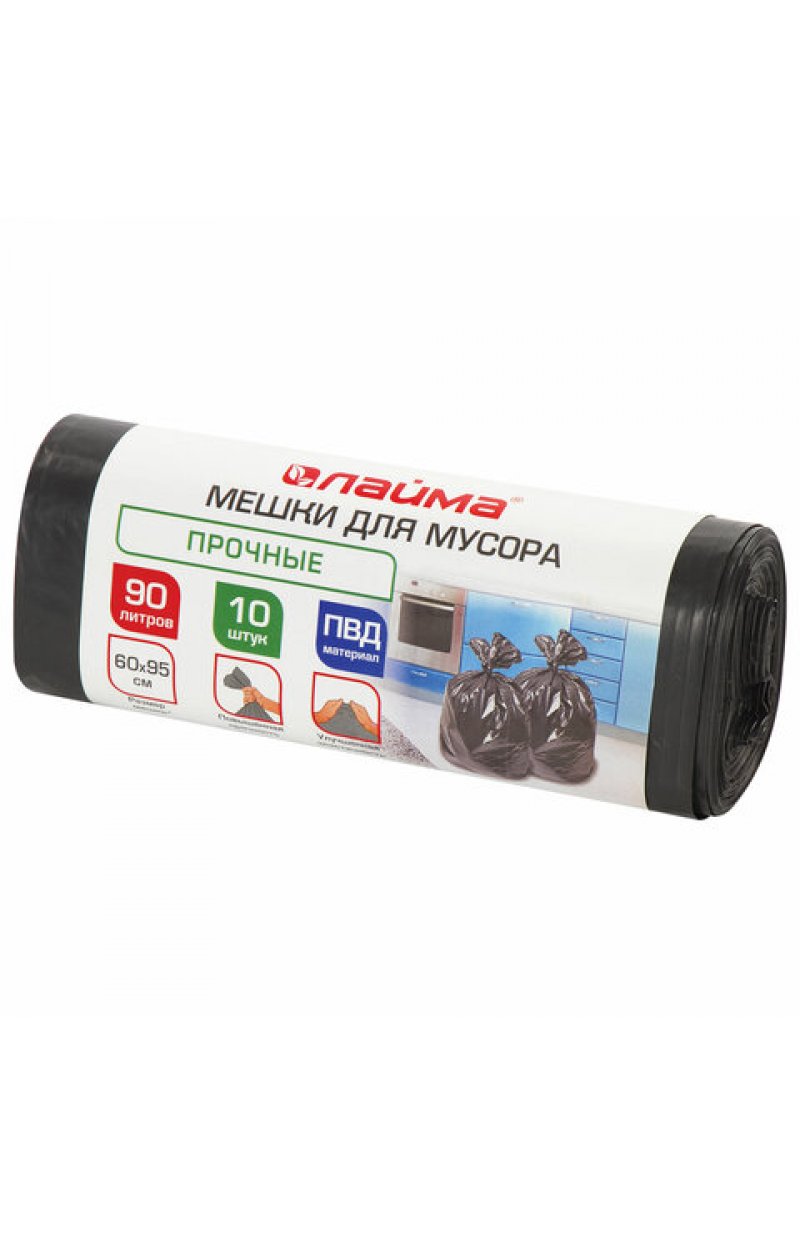 Мешки для мусора 90 л, черные, в рулоне 10 шт., прочные, ПВД 25 мкм, 60х95 см