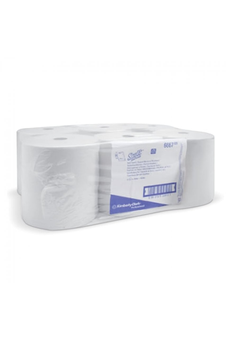 Полотенца бумажные рулонные KIMBERLY-CLARK Scott, КОМПЛЕКТ 6 шт., 304 м, белые, диспенсер 601536