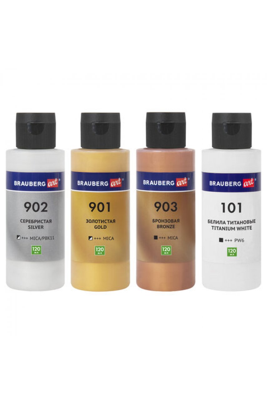 Краски акриловые для техники "Флюид Арт" (POURING PAINT), 4 цвета по 120 мл, Цвета металлик Краски акриловые для техники "Флюид Арт" (POURING PAINT), 4 цвета по 120 мл, Цвета металлик