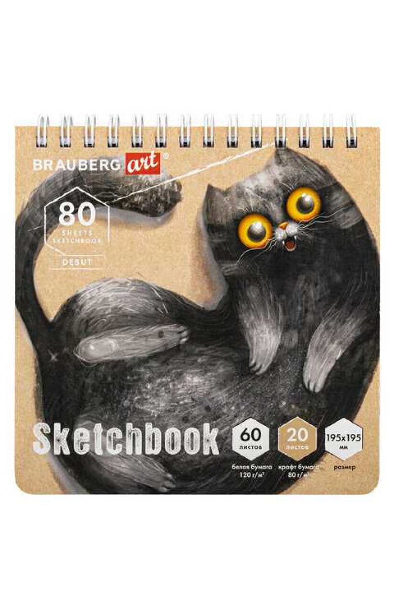 Скетчбук, белая бумага 120 г/м2 + крафт 80 г/м2 195х195 мм, 60 + 20 л., гребень DEBUT