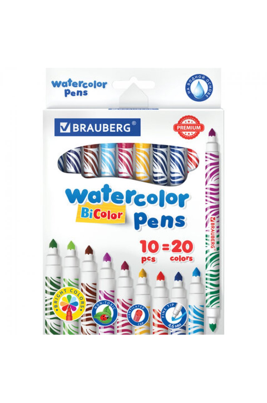 Фломастеры двусторонние утолщенные BRAUBERG "PREMIUM" "BI-COLOR", 10 шт., 20 цветов, двухцветные, вентилируемый колпачок
