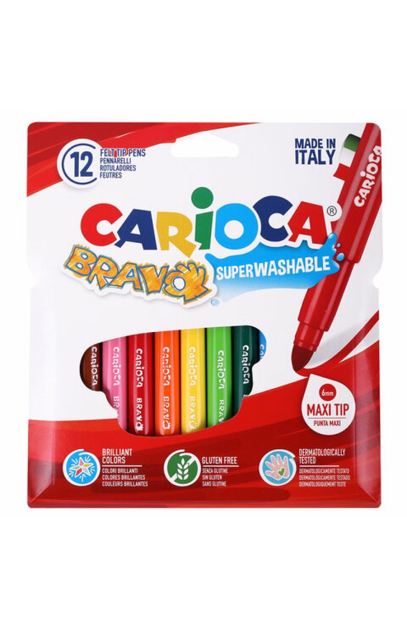 Фломастеры утолщенные CARIOCA (Италия) "Bravo", 12 цветов, суперсмываемые