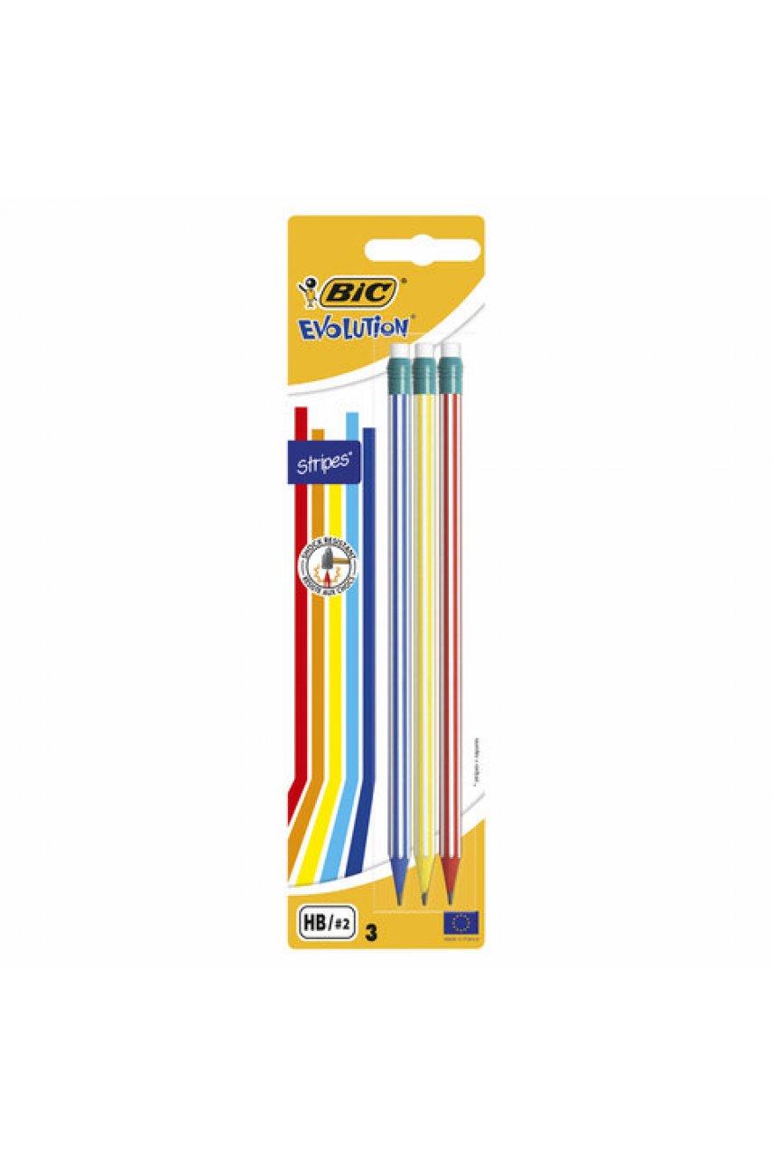 Карандаши чернографитные BIC Evolution "Stripes", НАБОР 3 шт., HB, с ластиком, блистер