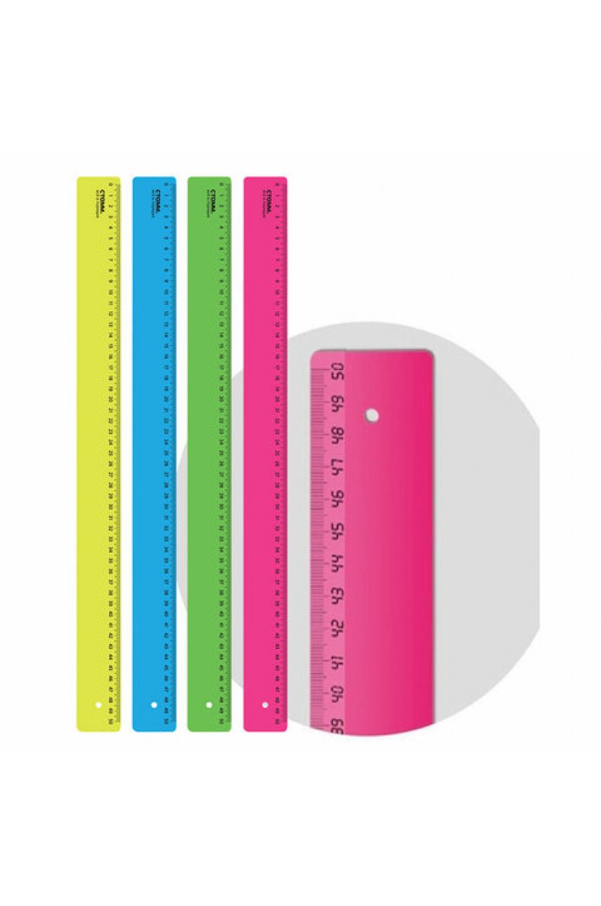 Линейка пластиковая 50 см, "Neon", непрозрачная, неоновая, ассорти
