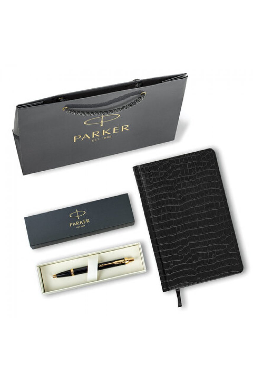 Ручка шариковая PARKER "IM Core Black Lacquer GT", ежедневник А5 черный, пакет