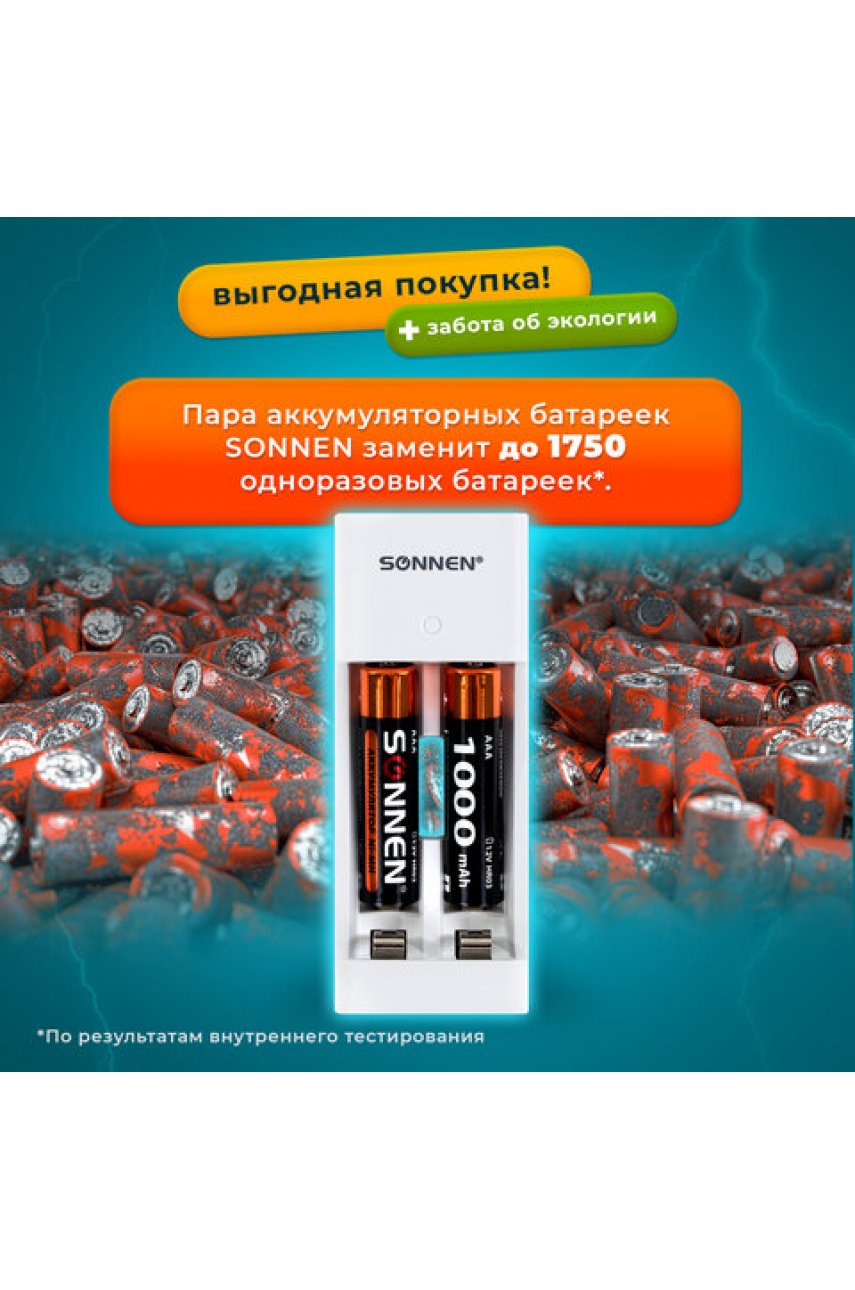 Зарядное устройство с аккумуляторами 2 шт. AAA (HR03), 1000 mAh, SONNEN BC2, в блистере, 455004