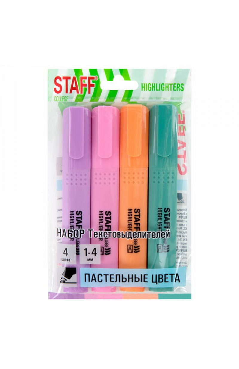 Набор текстовыделителей 4 ПАСТЕЛЬНЫХ ЦВЕТА, АССОРТИ College "STICK PASTEL", линия письма 1-4 мм, скошенный наконечник