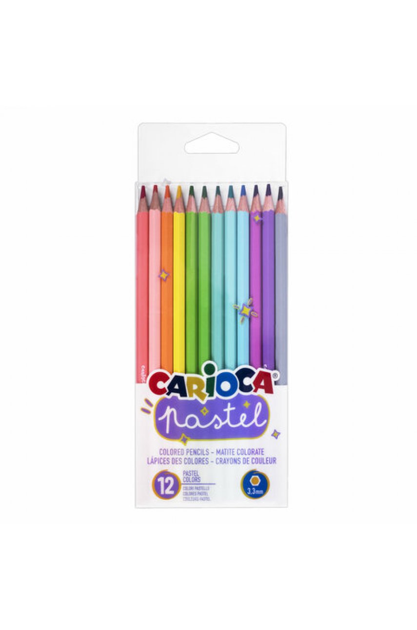 Карандаши цветные пастельные CARIOCA "Pastel", 12 цветов, ПВХ-чехол, шестигранные, грифель 3,3 мм, натуральное дерево