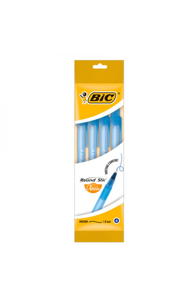 Ручки шариковые BIC "Round Stic", НАБОР 4 шт., СИНИЕ, узел 1 мм, линия письма 0,32 мм, пакет