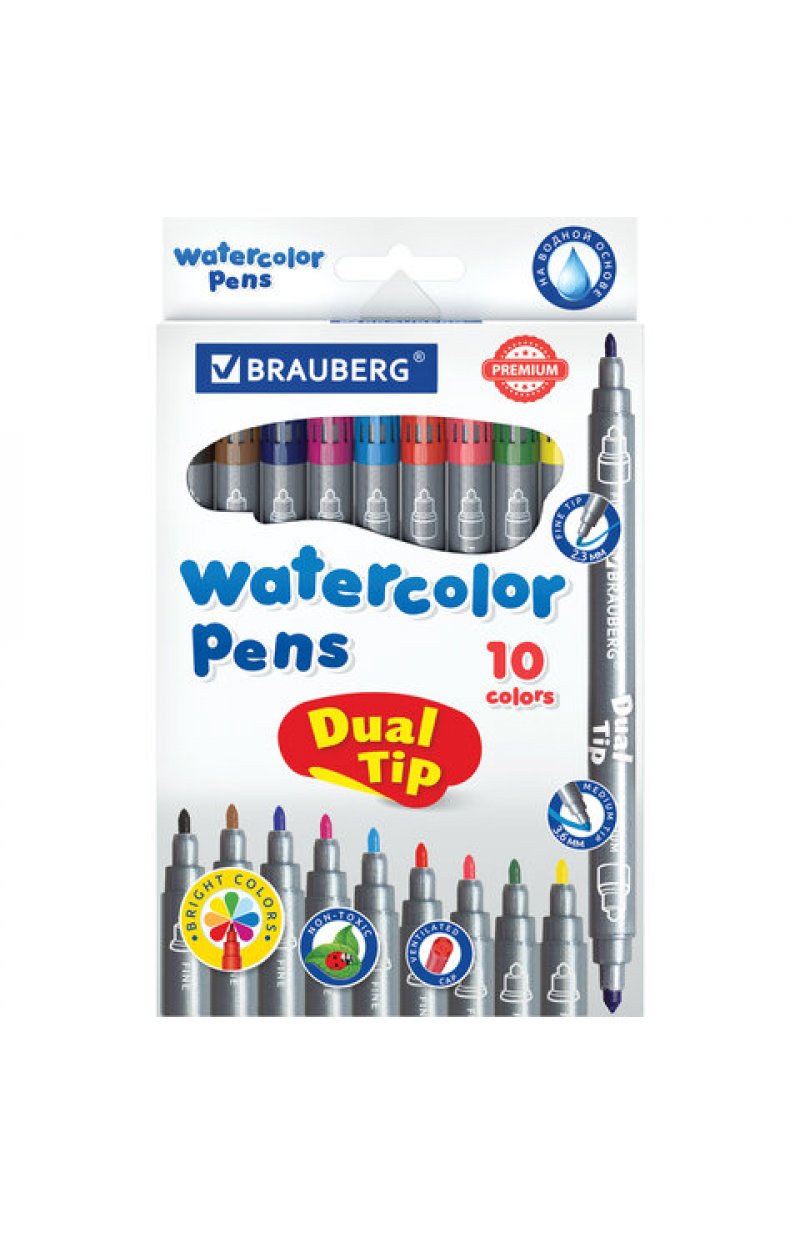 Фломастеры двусторонние BRAUBERG "PREMIUM" "DUAL-TIP", 10 шт., 10 цветов, два наконечника, картонная коробка с европодвесом