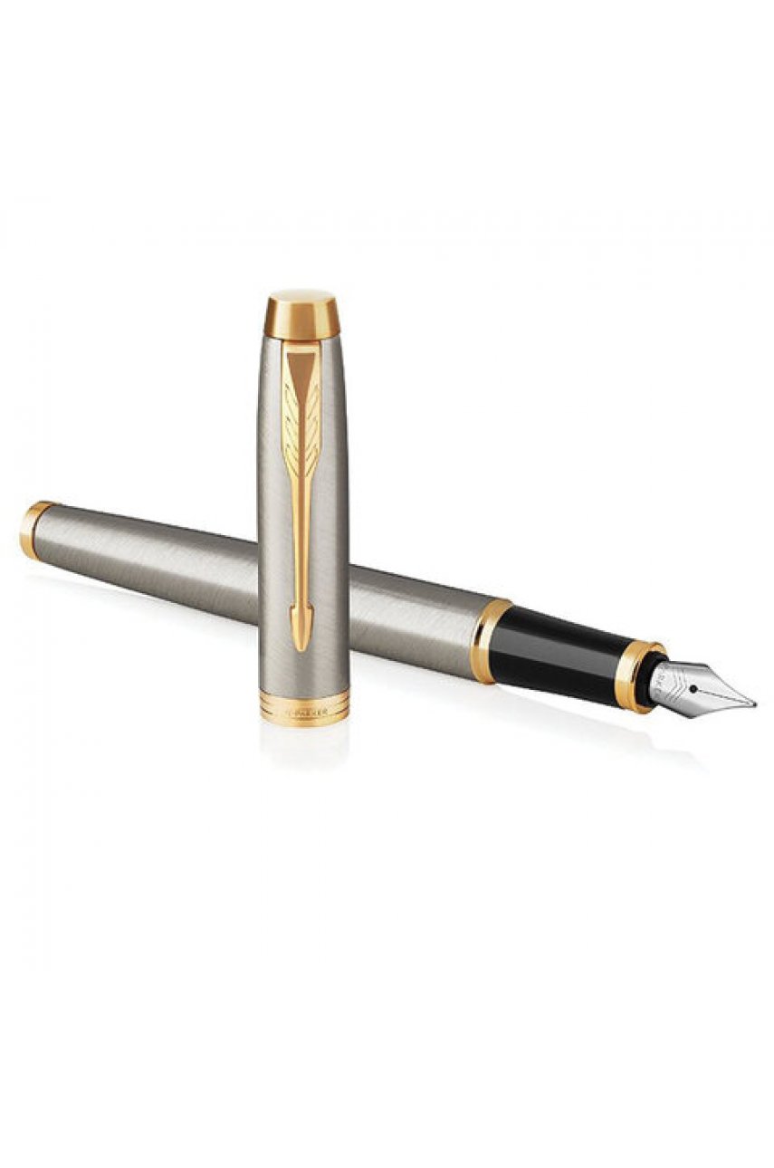 Ручка перьевая PARKER "IM Core Brushed Metal GT", серебристый матовый лак, позолота, синяя