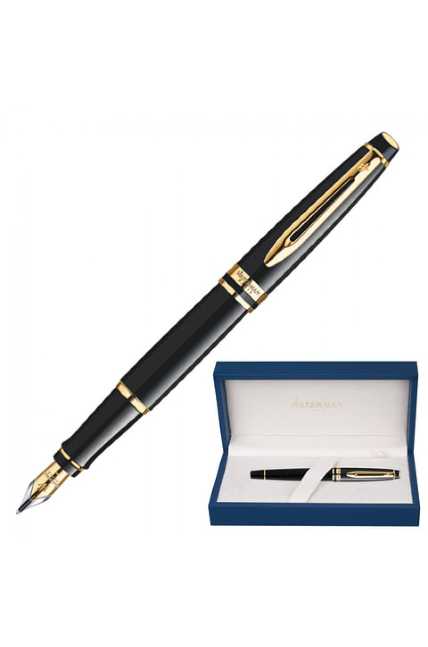 Ручка подарочная перьевая WATERMAN "Expert 3 Black Lacquer GT", черный лак, позолоченные детали, синяя