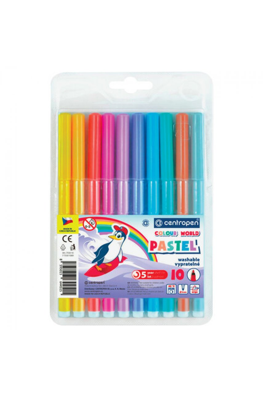 Фломастеры ПАСТЕЛЬНЫЕ 10 ЦВЕТОВ CENTROPEN "Colour World Pastel", смываемые, 7550/10TP