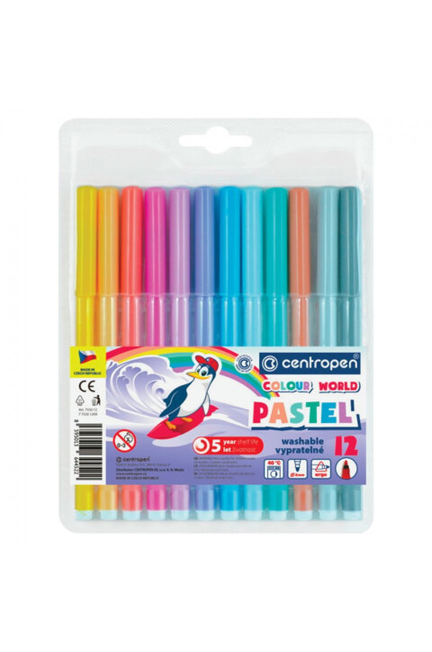 Фломастеры ПАСТЕЛЬНЫЕ 12 ЦВЕТОВ CENTROPEN "Colour World Pastel", смываемые, 7550/12TP
