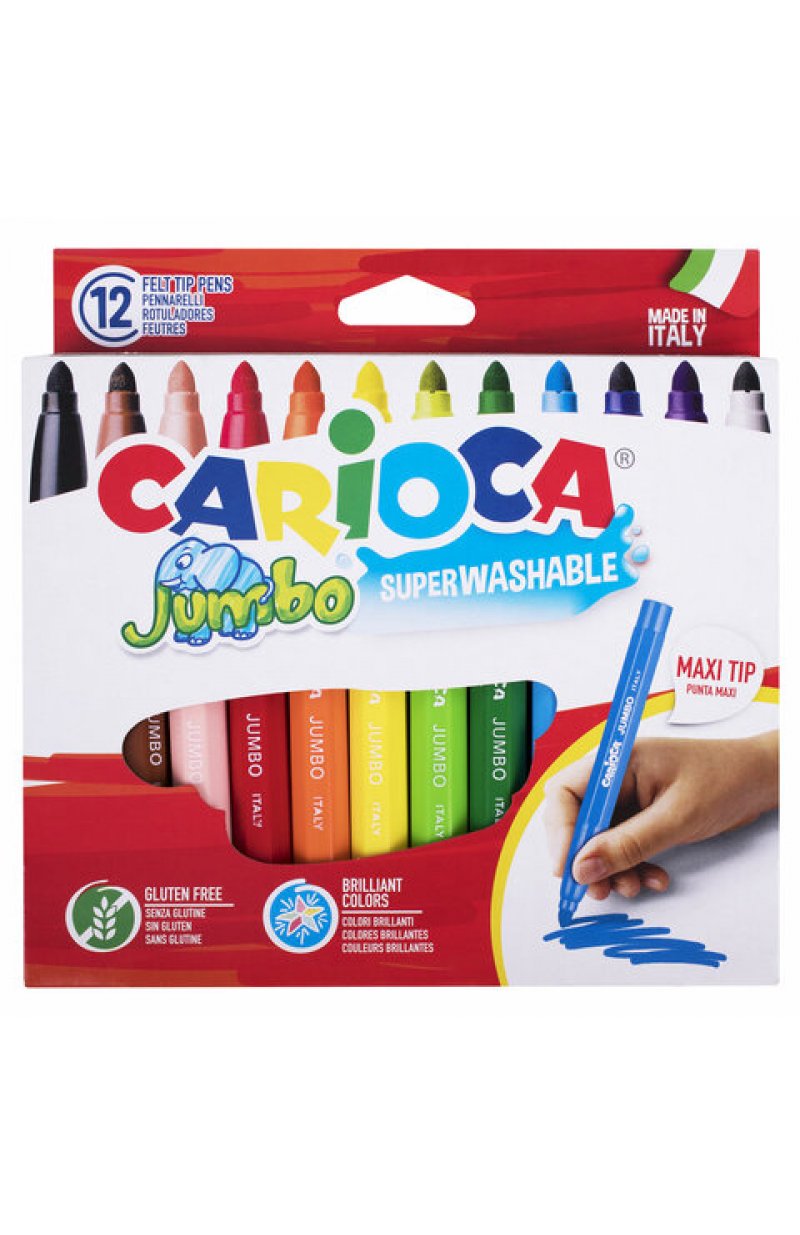 Фломастеры утолщенные CARIOCA "Jumbo", 12 цветов, суперсмываемые, вентилируемый колпачок, картонная упаковка