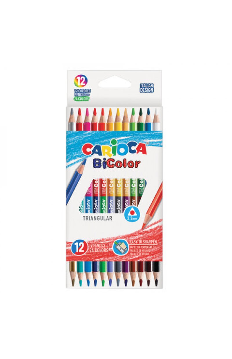 Карандаши двусторонние CARIOCA "Bi-color", 12 штук, 24 цвета, трехгранные, грифель 3 мм, натуральное дерево