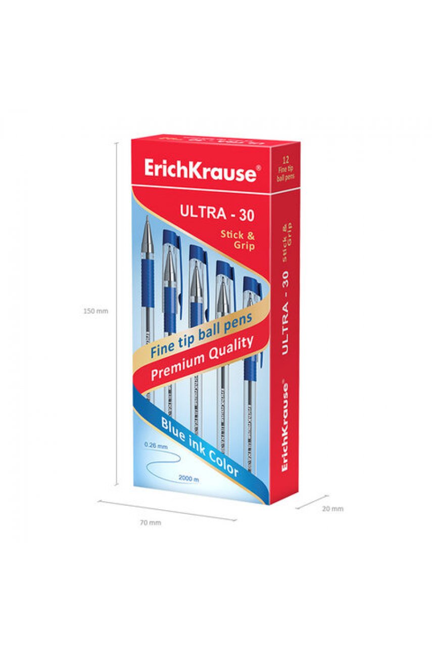 Ручка шариковая масляная с грипом ERICH KRAUSE "Ultra-30", СИНЯЯ, корпус прозрачный, узел 0,7 мм, линия письма 0,26 мм Ручка шариковая масляная с грипом ERICH KRAUSE "Ultra-30", СИНЯЯ, корпус прозрачный, узел 0,7 мм, линия письма 0,26 мм