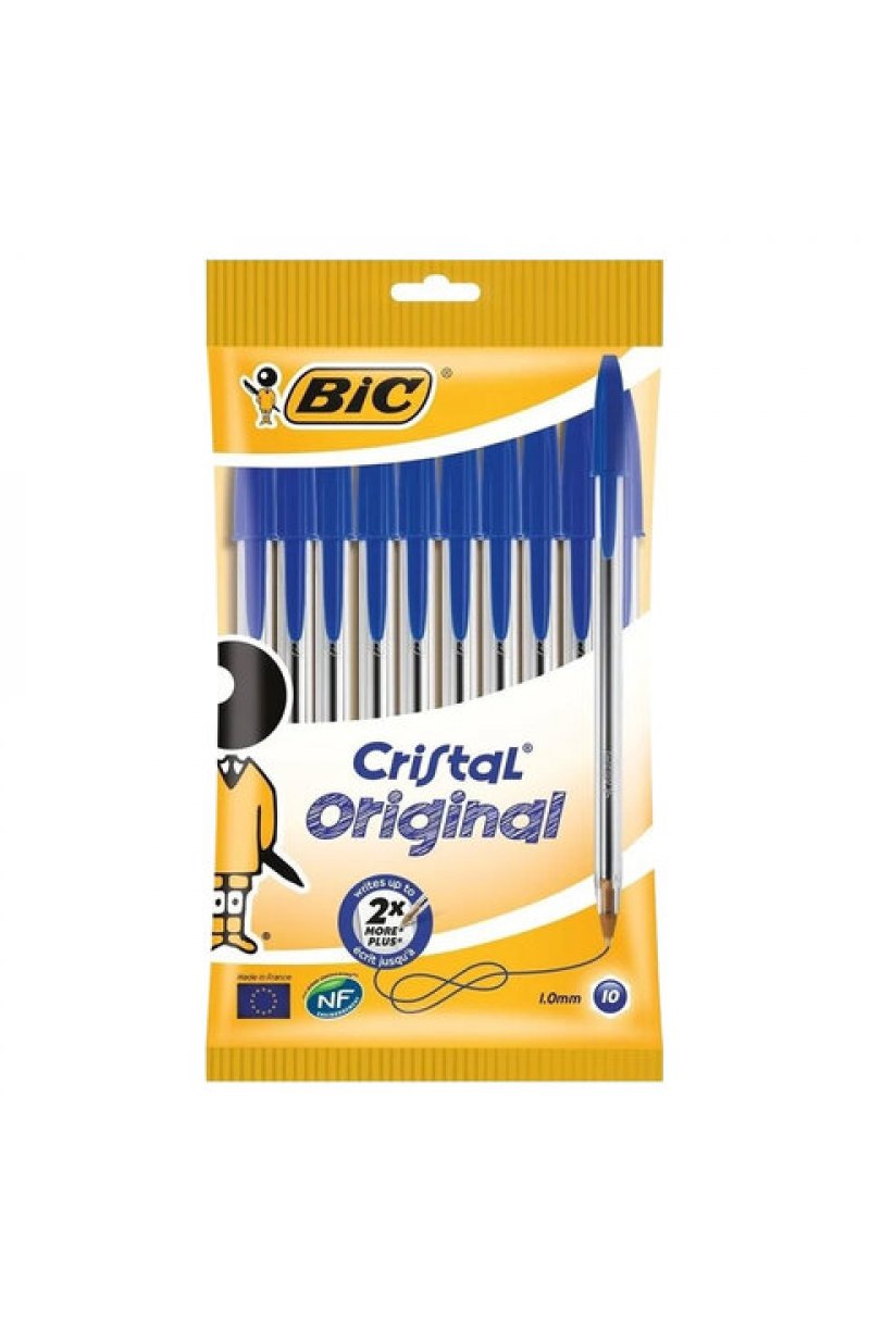 Ручки шариковые BIC "Cristal Original", НАБОР 10 шт., СИНИЕ, узел 1 мм, линия письма 0,32 мм, пакет