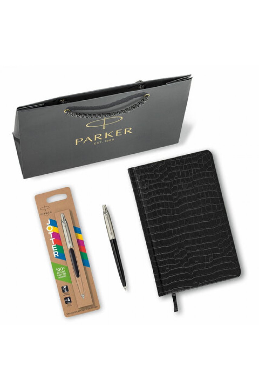 Ручка шариковая PARKER "Jotter Plastic CT", корпус черный, ежедневник А5 черный, золотой срез, пакет