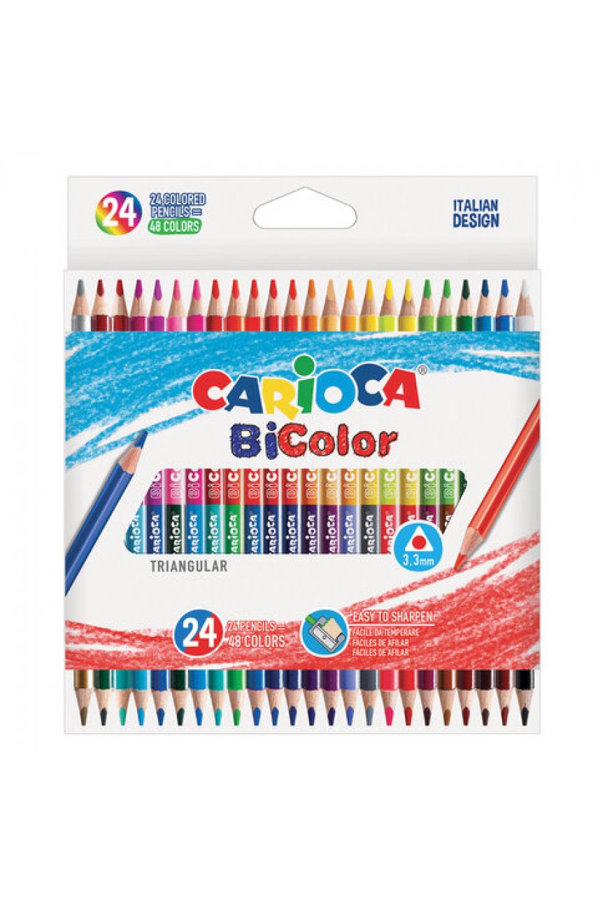 Карандаши двусторонние CARIOCA "Bi-color", 24 штуки, 48 цветов, трехгранные, грифель 3 мм, натуральное дерево