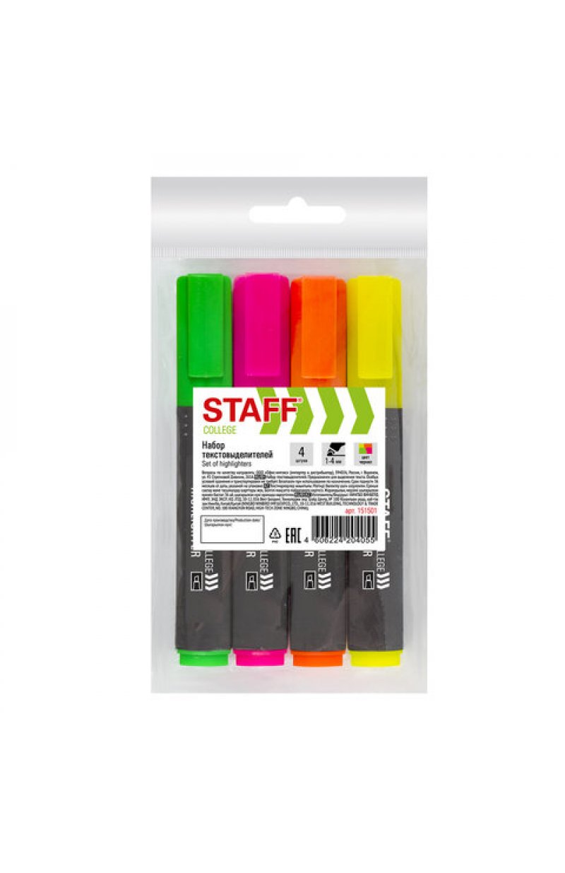 Набор текстовыделителей 4 шт., АССОРТИ "College" STICK HL-497, линия письма 1-4 мм
