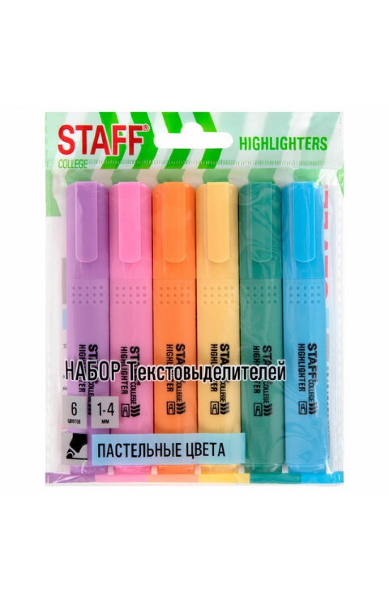 Набор текстовыделителей 6 ПАСТЕЛЬНЫХ ЦВЕТОВ, АССОРТИ College "STICK PASTEL", линия письма 1-4 мм, скошенный наконечник