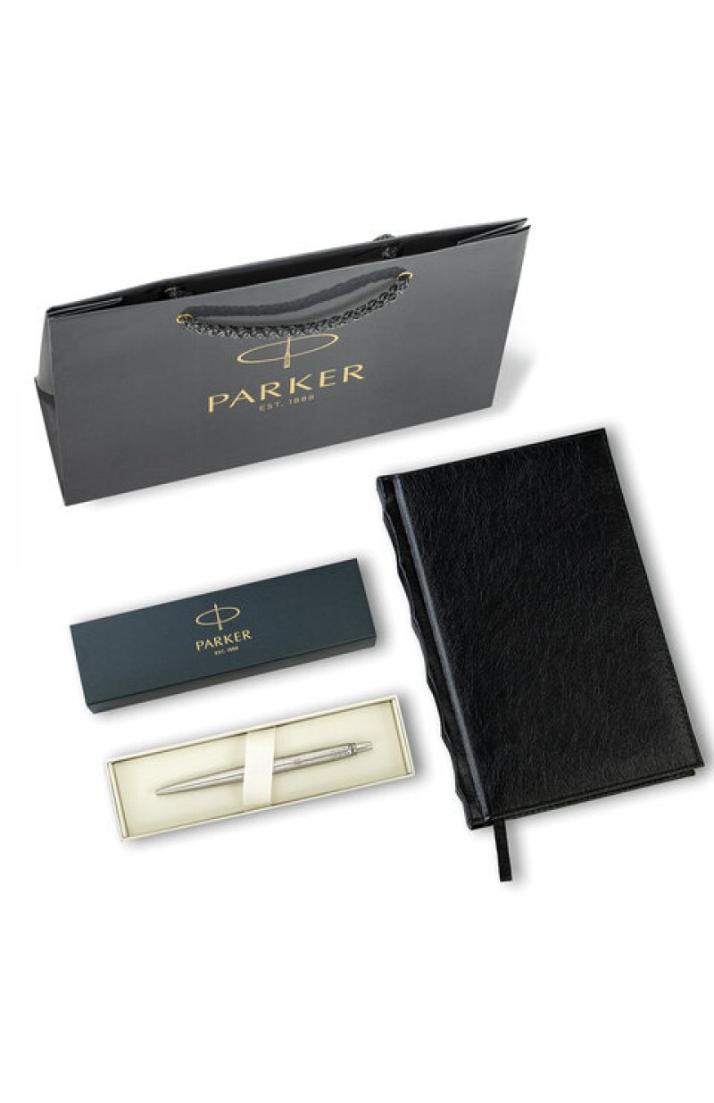 Ручка шариковая PARKER "Jotter Core Stainless Steel CT", ежедневник А5 черный, пакет