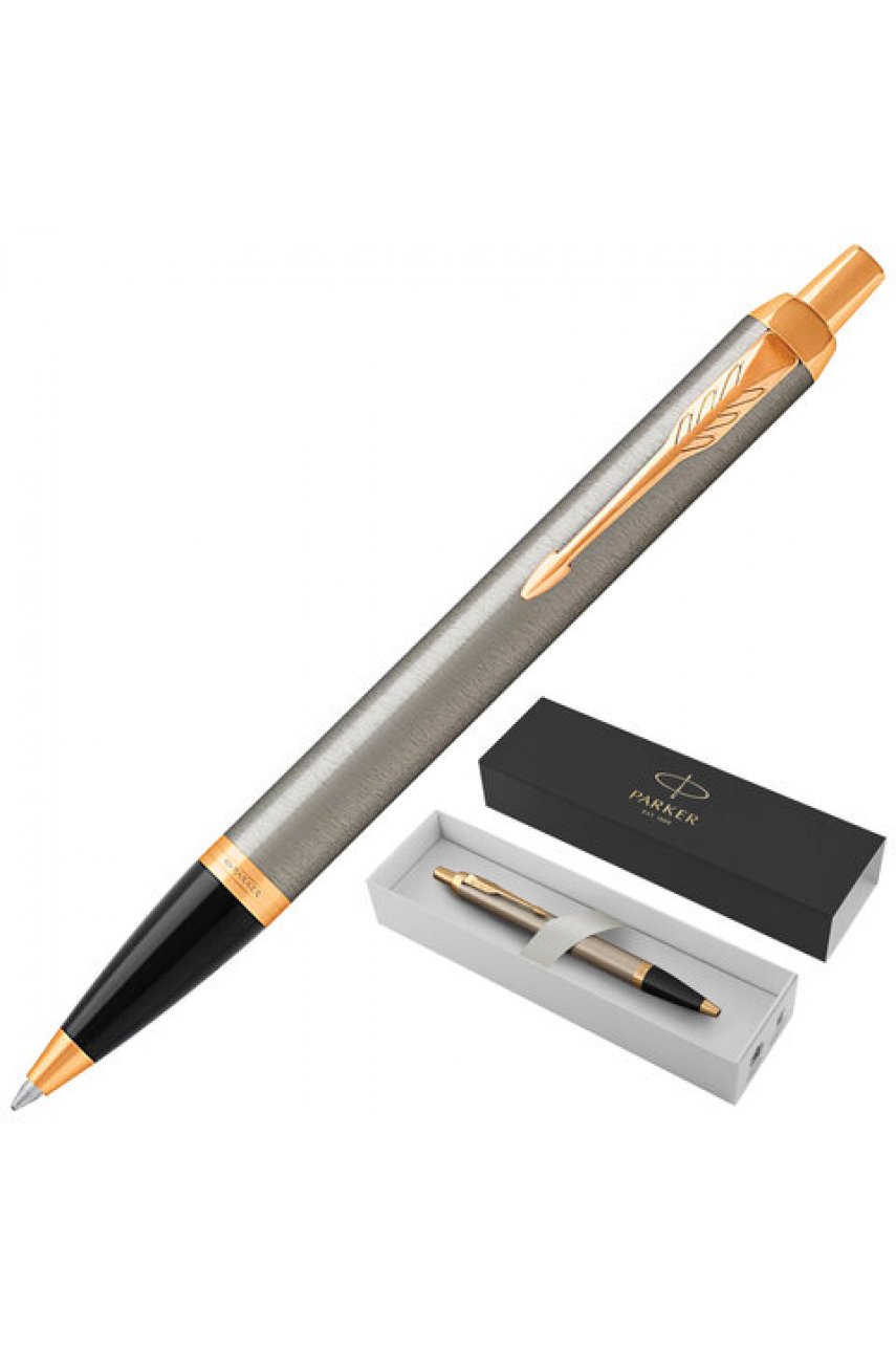 Ручка шариковая PARKER "IM Core Brushed Metal GT", серебристый матовый лак, позолота, синяя