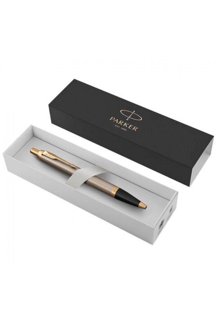Ручка шариковая PARKER "IM Core Brushed Metal GT", серебристый матовый лак, позолота, синяя