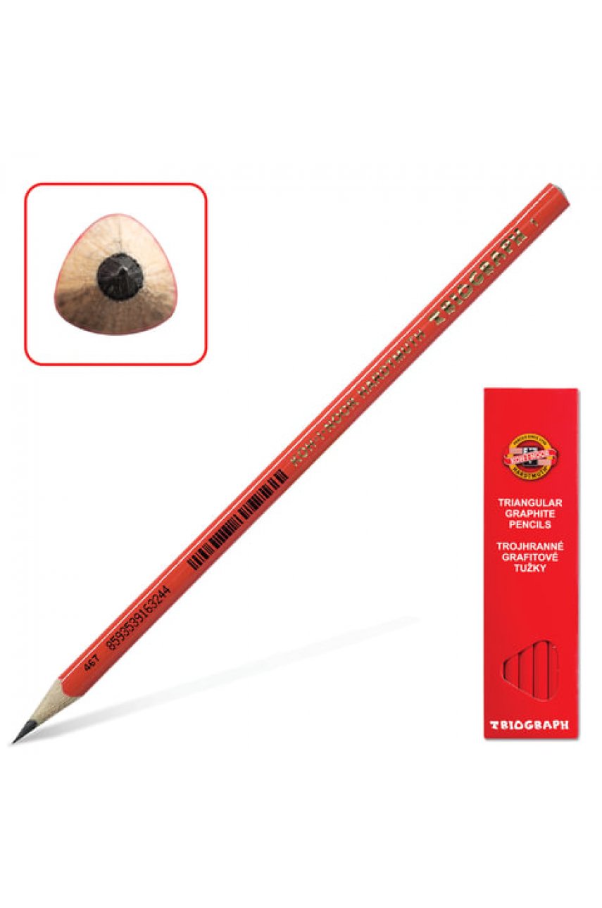 Карандаш чернографитный KOH-I-NOOR, 1 шт., "Triograph", B, трехгранный, без резинки, корпус красный, заточенный