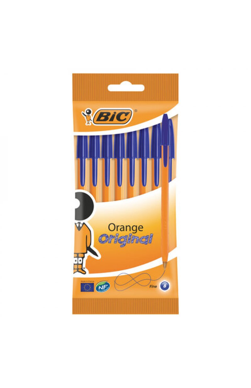 Ручки шариковые BIC "Orange Fine", НАБОР 8 шт., СИНИЕ, линия письма 0,32 мм, пакет