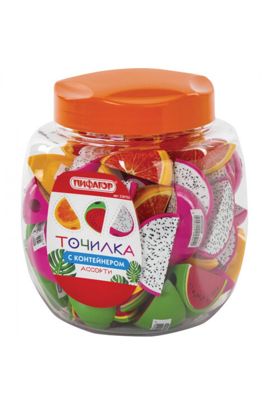 Точилка "Фрукты", с контейнером, пластиковая, ассорти