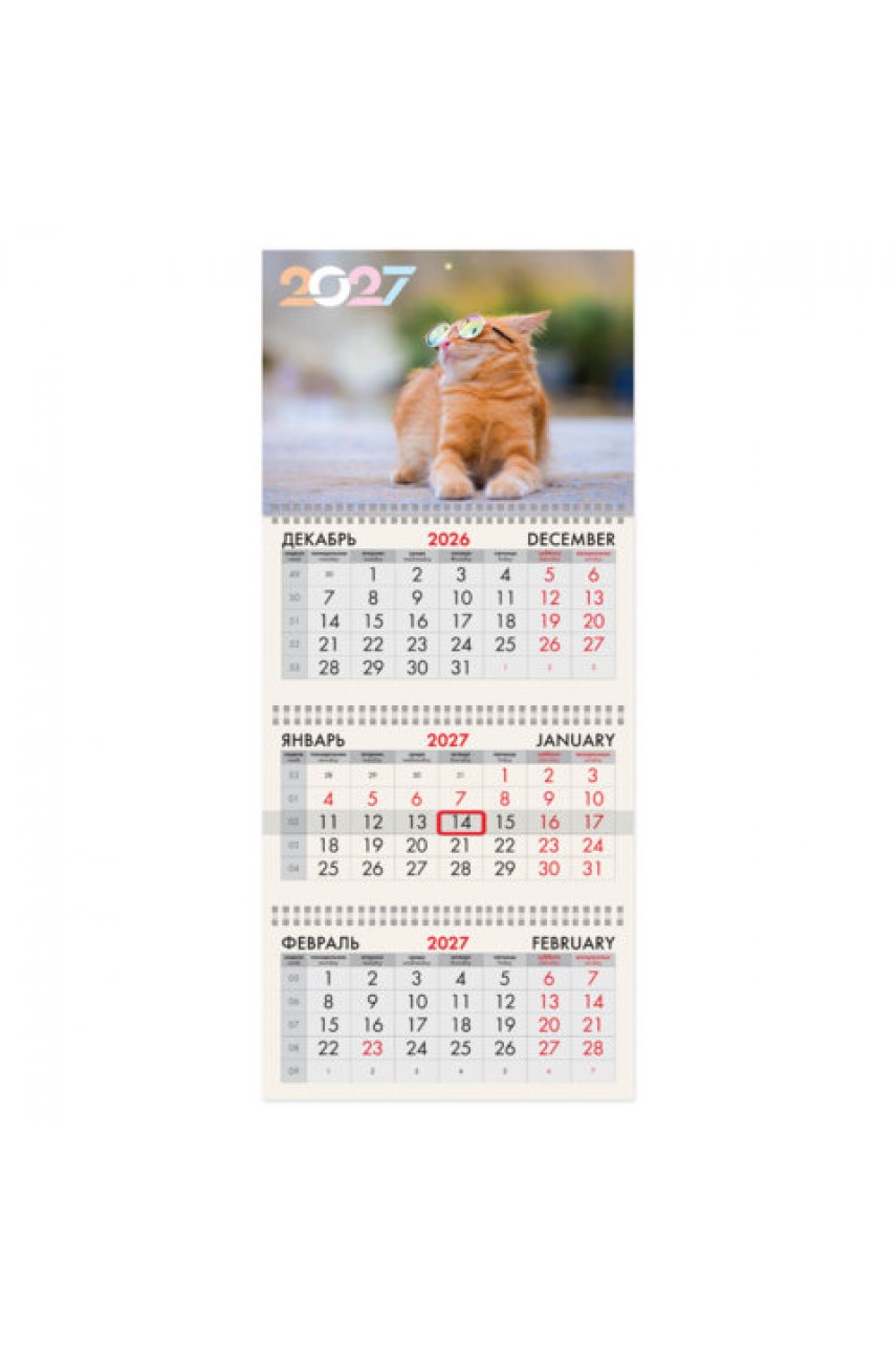 Календарь квартальный 2027 г., 3 блока, 3 гребня, бегунок, офсет, BRAUBERG, "Котик"