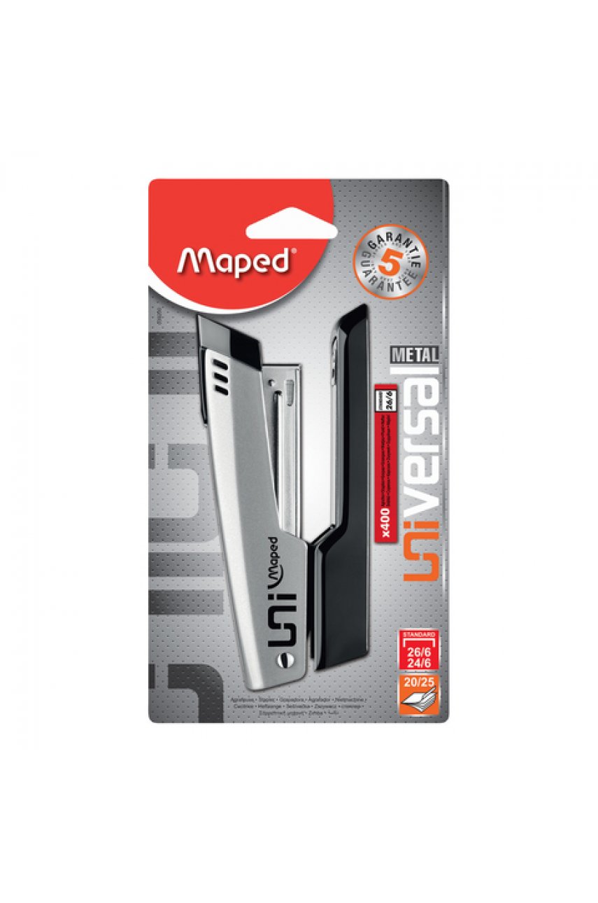Степлер №24/6, 26/6 металлический MAPED "Universal Metal" + 400 скоб, до 25 листов, серый, 539200 Степлер №24/6, 26/6 металлический MAPED "Universal Metal" + 400 скоб, до 25 листов, серый, 539200