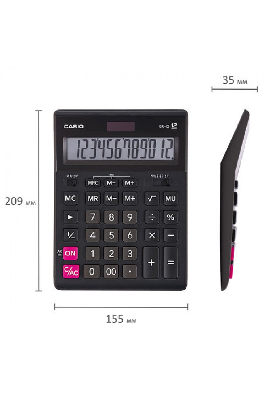 Калькулятор настольный CASIO GR-12-W (209х155 мм), 12 разрядов, двойное питание, черный, европодвес, GR-12-W-EP