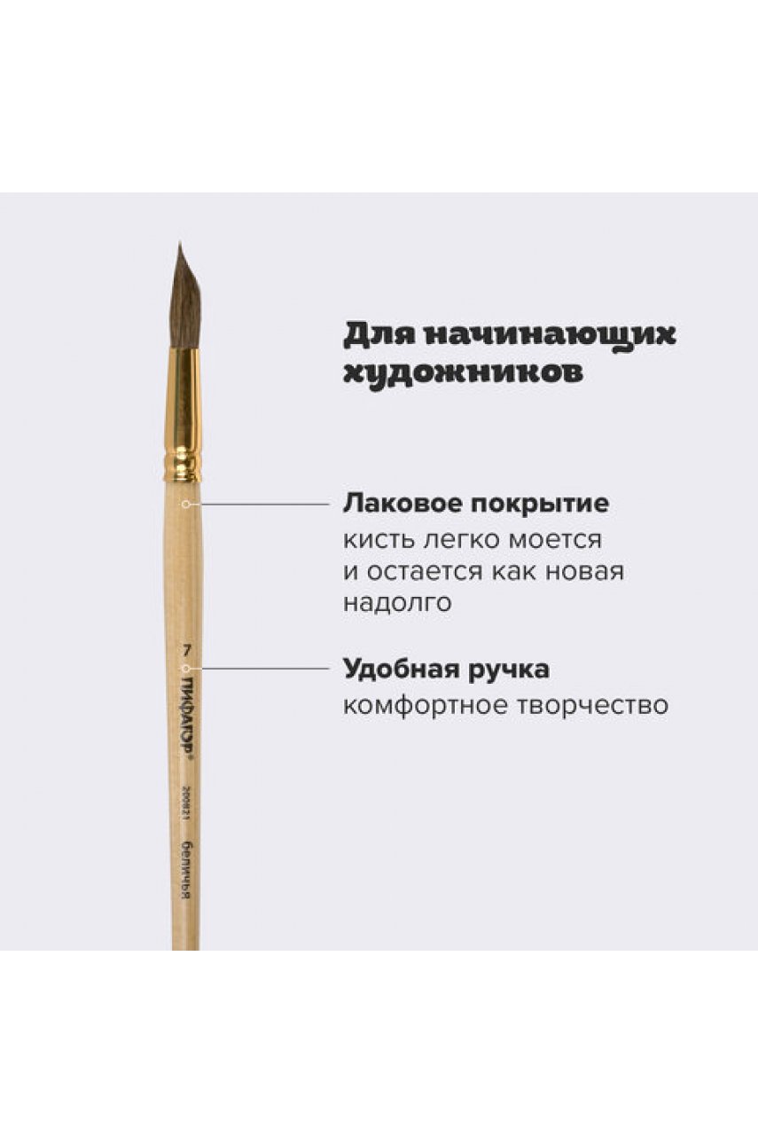 Кисть, БЕЛКА, круглая, № 7, деревянная лакированная ручка, с колпачком, пакет с подвесом