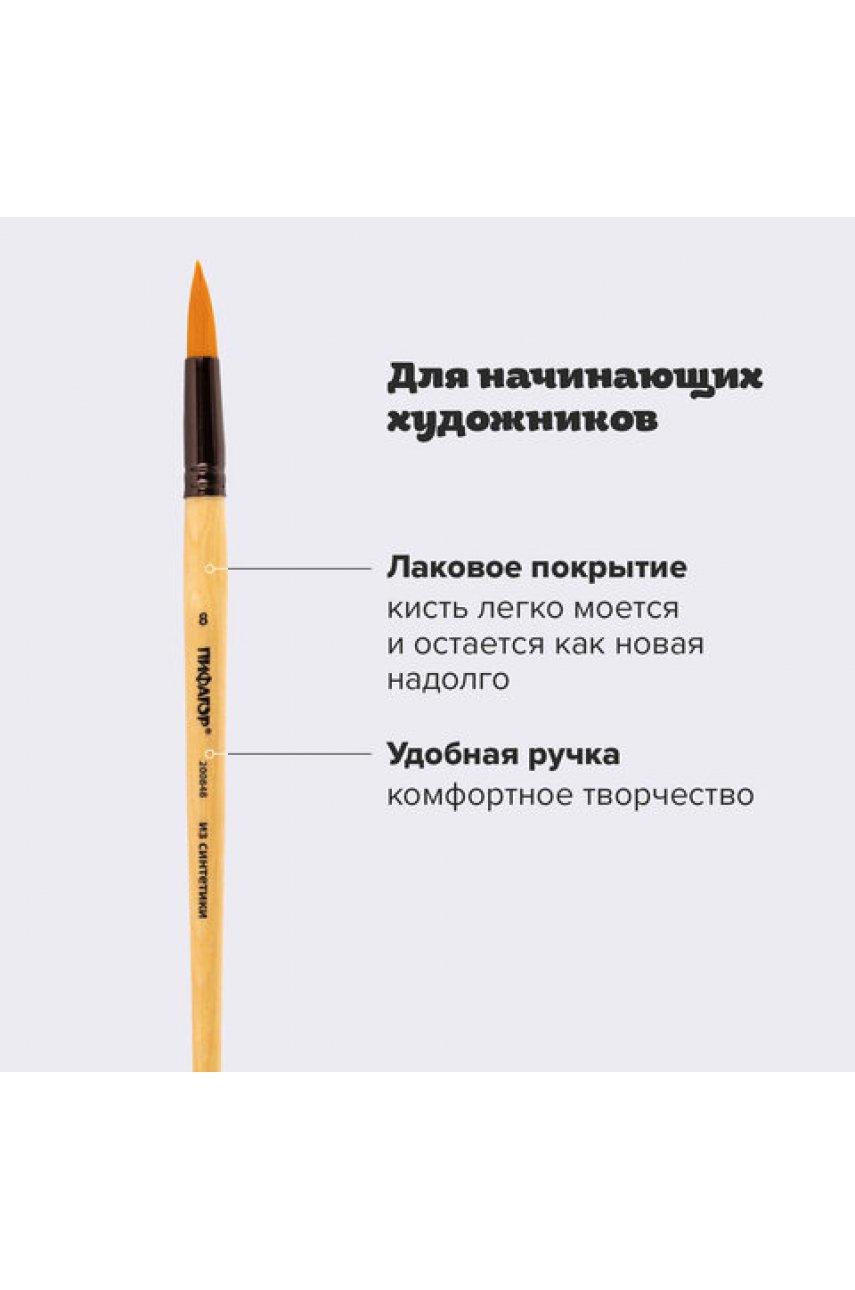 Кисть, СИНТЕТИКА, круглая, № 8, деревянная лакированная ручка, с колпачком, пакет с подвесом