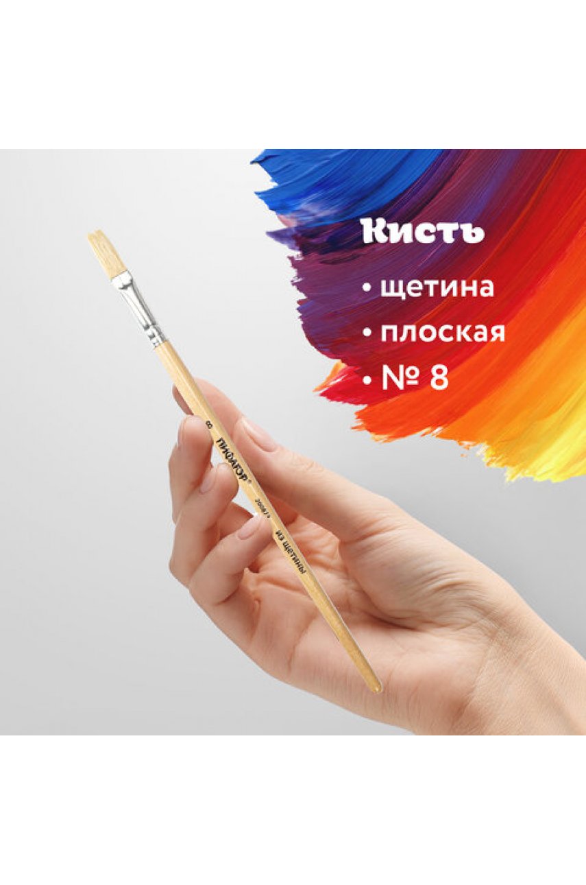Кисть, ЩЕТИНА, плоская, № 8, деревянная лакированная ручка, пакет с подвесом Кисть, ЩЕТИНА, плоская, № 8, деревянная лакированная ручка, пакет с подвесом