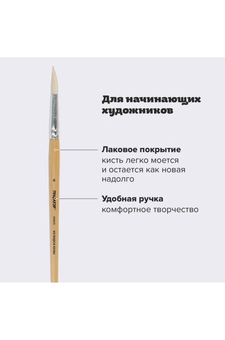 Кисть, КОЗА, круглая, № 6, деревянная лакированная ручка, колпачок, пакет с подвесом