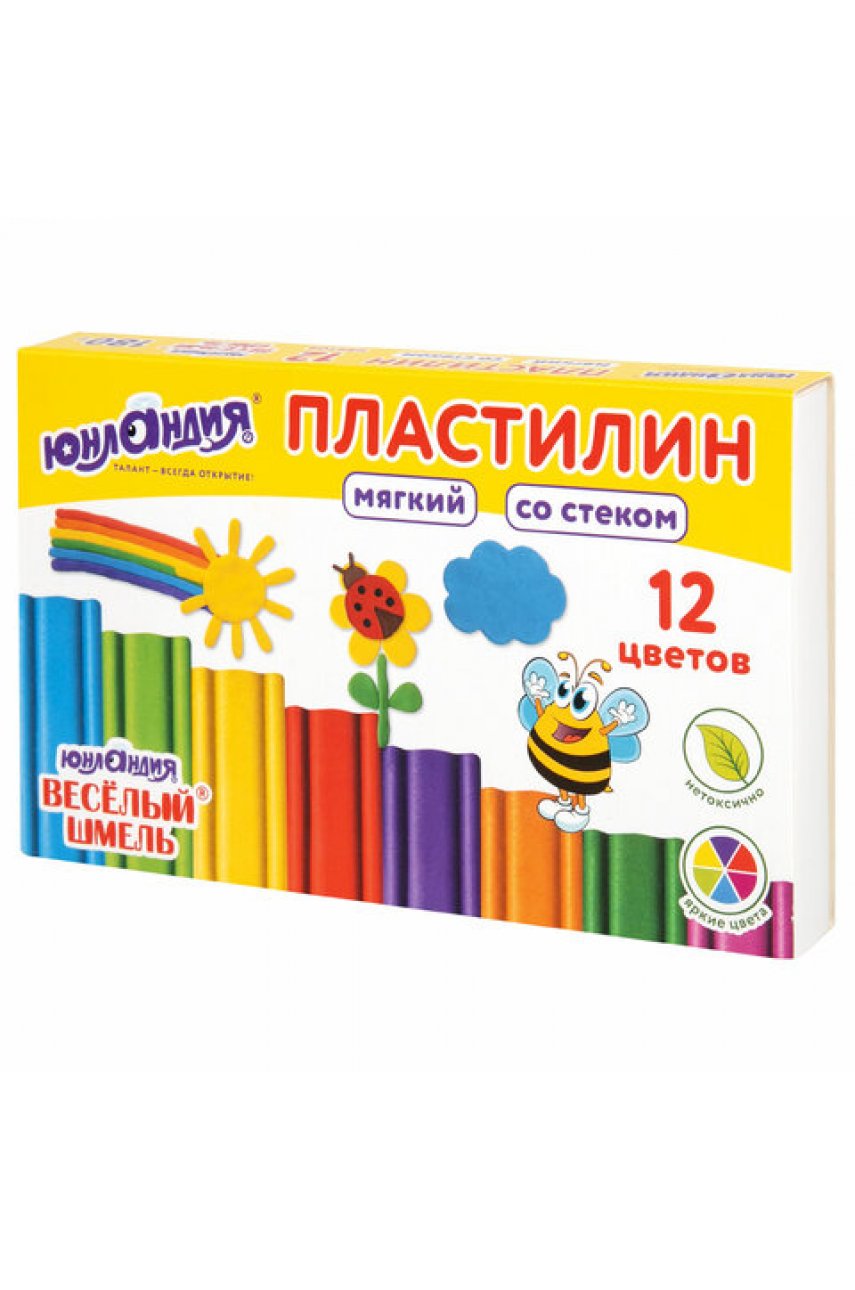 Пластилин мягкий ЮНЛАНДИЯ "ВЕСЕЛЫЙ ШМЕЛЬ", 12 цветов, 180 г, СО СТЕКОМ