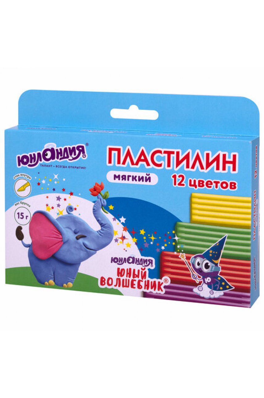 Пластилин мягкий ЮНЛАНДИЯ "ЮНЫЙ ВОЛШЕБНИК", 12 цветов 180 г, СО СТЕКОМ, ВЫСШЕЕ КАЧЕСТВО, европодвес