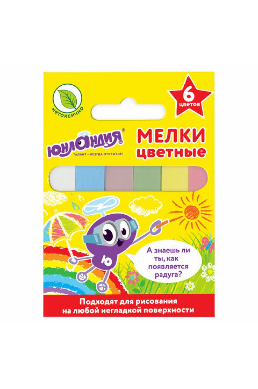 Мел цветной квадратный 6 штук, ЮНЛАНДИЯ "ЮНЛАНДИК И ОКРУЖАЮЩИЙ МИР", картонная упаковка, европодвес