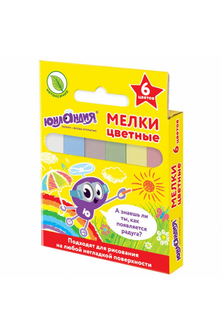 Мел цветной квадратный 6 штук, ЮНЛАНДИЯ "ЮНЛАНДИК И ОКРУЖАЮЩИЙ МИР", картонная упаковка, европодвес