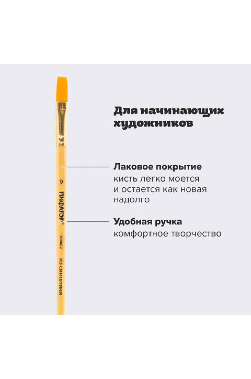 Кисть, СИНТЕТИКА, плоская, № 9, деревянная лакированная ручка, с колпачком, пакет с подвесом
